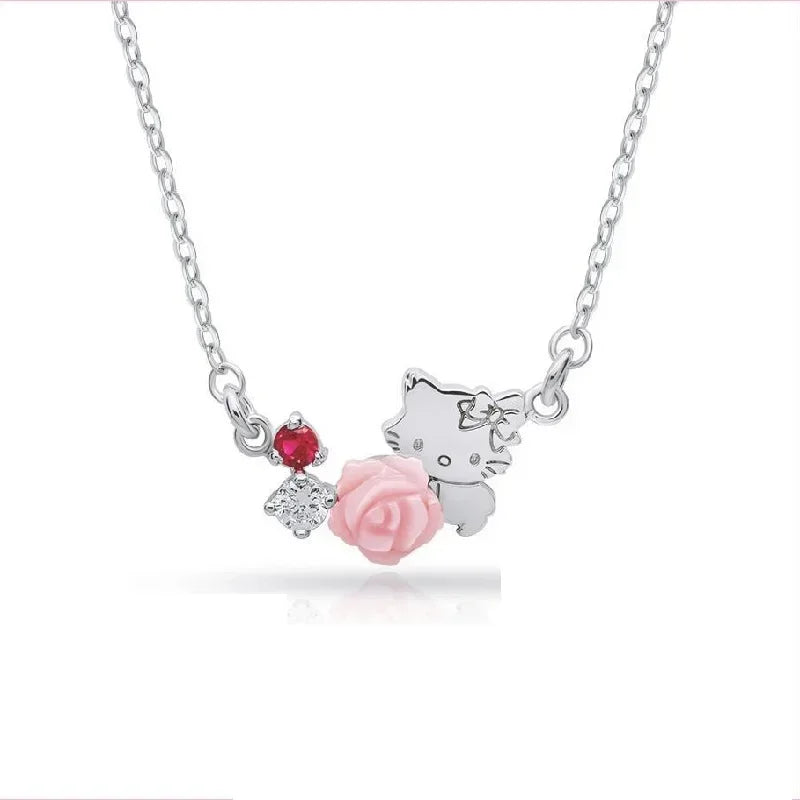 Kalung Hello Kitty Sanrio Watak Anime Pink Peach Heart Crystal Cat Gelang Tolak Tarik Loket Hiasan Pasangan Hadiah Gadis