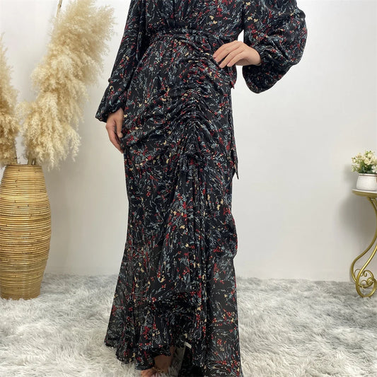 Muslim Women's dress Casual print bark crepe long dress Zipper collar long sleeves loose Muslim maxi dress