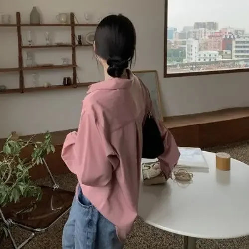 Kemeja Wanita Pejabat Wanita Anggun Tulen Gaya Korea Ringkas Blaus Lengan Panjang Santai Wanita Semua Padanan Longgar Setiap Hari Nipis Chic Baru