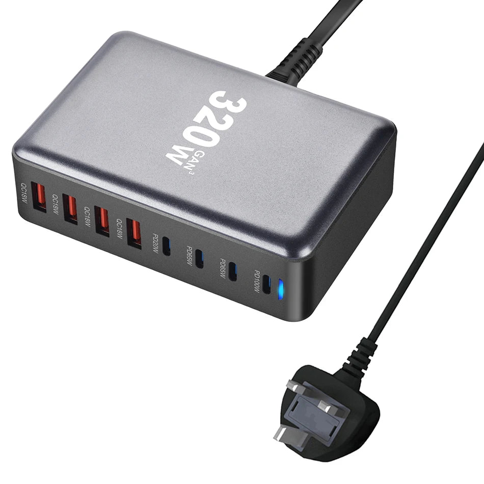 Pengecas GaN Desktop URVNS 320W 8-Port USB Jenis C Pengecas PD Pengecas Cepat 3.0 USB Jenis C 100W PPS Pengecas Cepat Pengecas USB Mudah Alih