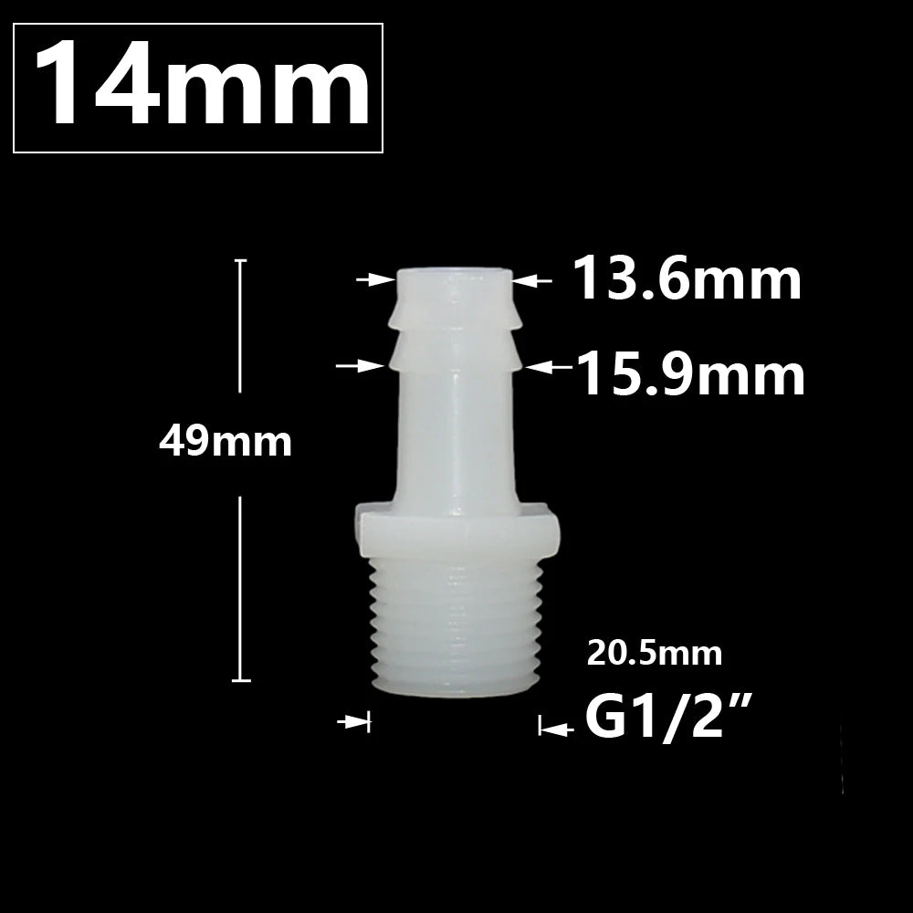 Plastic Pipe Fitting 4mm 6mm 8mm 10mm 12mm 14mm 16mm 18mm 20mm Hose Barb Connector 1/2" Male Thread Connector Coupler