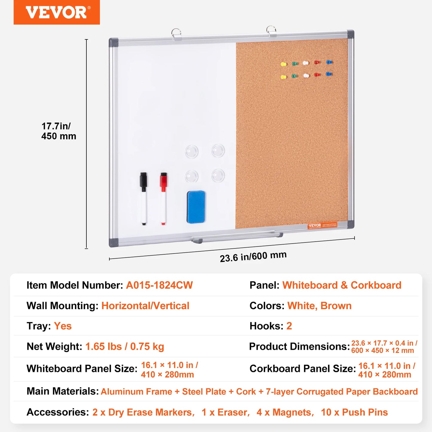 VEVOR Whiteboard & Cork Board 2-in-1 Magnetic Dry Erase/with Linen Surface Bulletin Board for Wall Mount for School Home Office