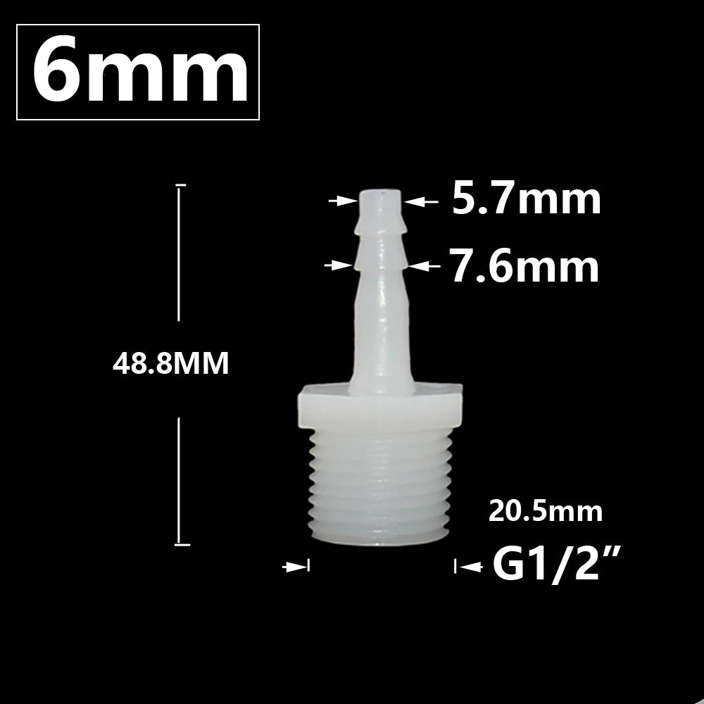 Plastic Pipe Fitting 4mm 6mm 8mm 10mm 12mm 14mm 16mm 18mm 20mm Hose Barb Connector 1/2" Male Thread Connector Coupler