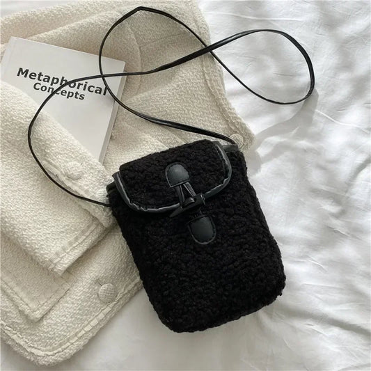 Beg Telefon Lambswool Musim Sejuk Beg Bahu Bulu Tiruan Wanita Dompet Mudah Alih Cantik Manis Beg Selempang Wanita Beg Selempang Dompet Persegi