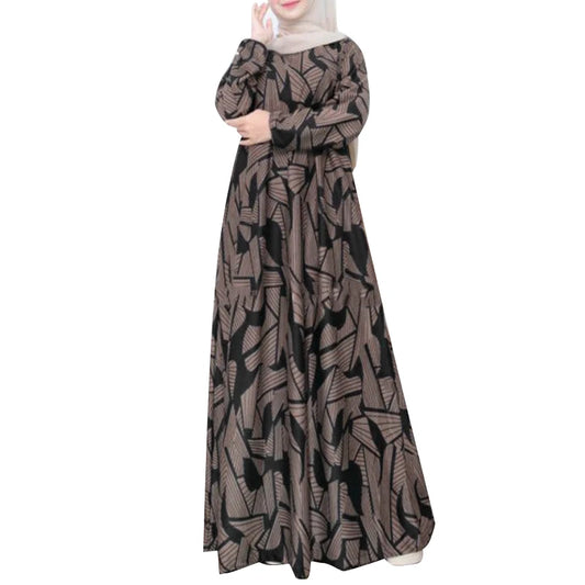 ZANZEA Fashion Printed Muslim Abaya Wanita Maxi Dress Jubah Femme Vinatge Lengan Panjang IsIamic Jubah Kaftan Hijab Vestidos IsIamic