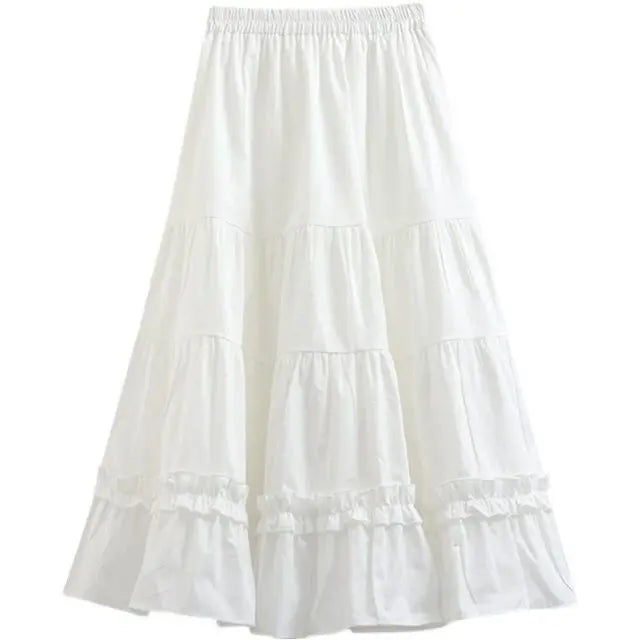 Skirt A-line putih Kawaii Skirt Panjang Pertengahan Musim Bunga Pakaian Musim Panas Wanita 2024 Skirt Gebu Wanita Kek Comel Skirt Panjang Wanita