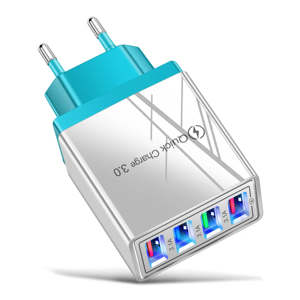 3.1A EU US 4USB Ports AC Perjalanan Rumah Pengecas Dinding Penyesuai Kuasa Untuk IPhone 12 13 14 15 Pro Max Samsung Xiaomi Huawei