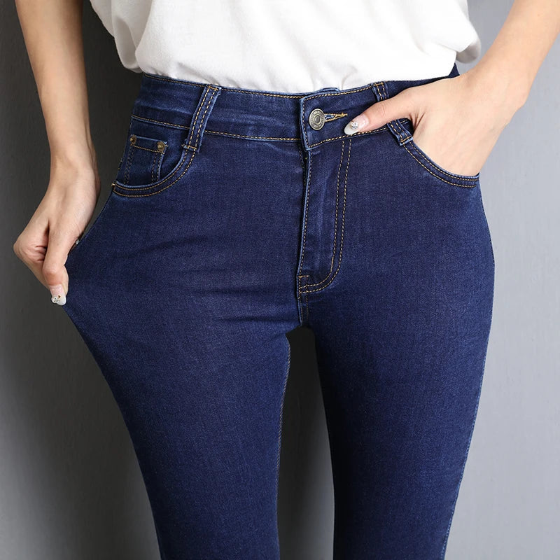 Jeans untuk Wanita Ibu Jeans Biru Kelabu Hitam Wanita Tinggi Anjal Seluar Jeans Regangan Denim Wanita Dibasuh Seluar Pensel Kurus