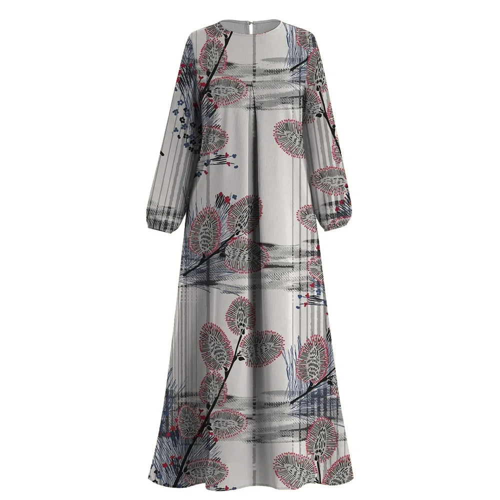 Abaya Muslim Kelabu Muslim Sederhana Cetak Bunga O-leher Lengan Panjang Abaya Pakaian Muslim Femme Dubai Turki Kaftan Islam Jubah