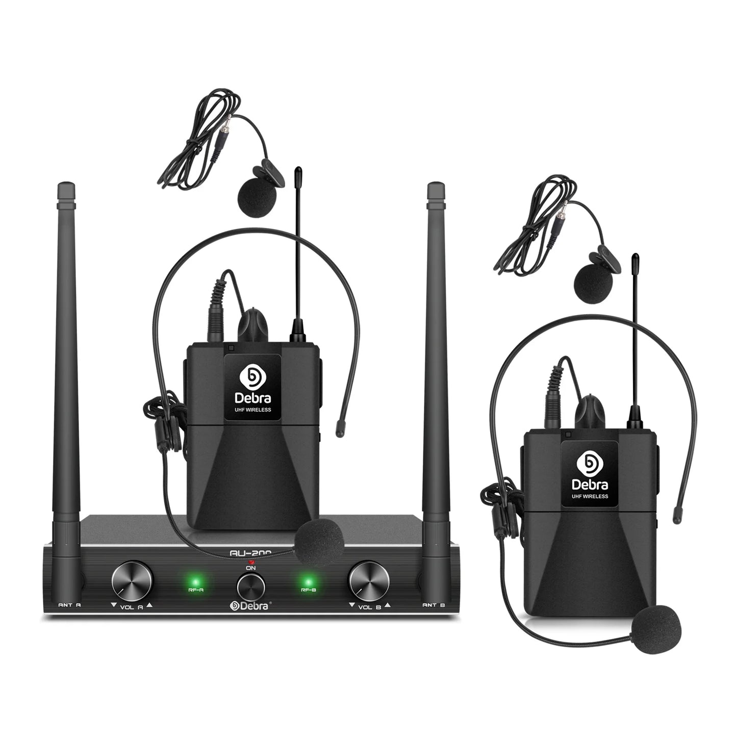 Sistem Mikrofon Wayarles Debra AU200 Mudah Alih UHF 2 Saluran Pegang Tangan Atau Lavalier & Headset Untuk Pesta Gereja Karaoke.