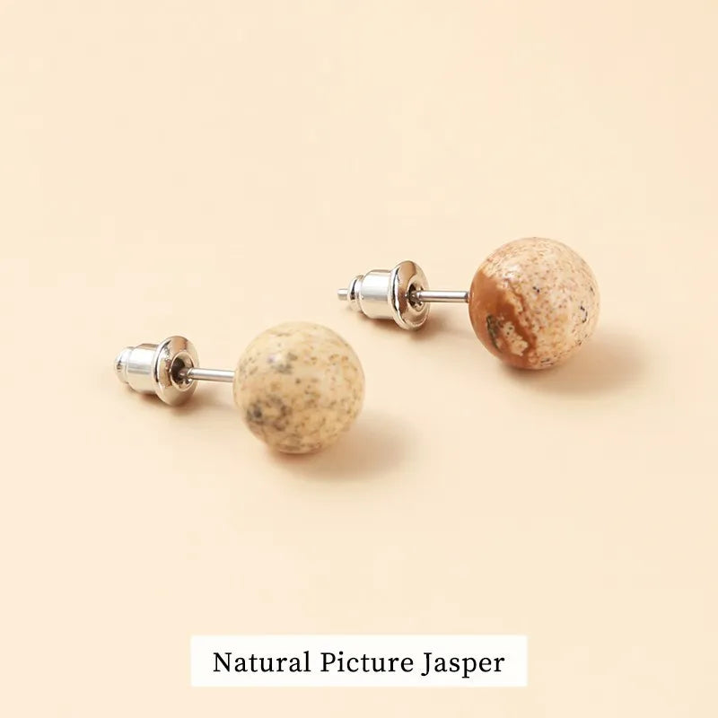 Change Better Natural Stone Amethyst Tiger Eye Agate Round Beads Earring Women Fashion Simple Stainless Steel Crystal Ear Studs