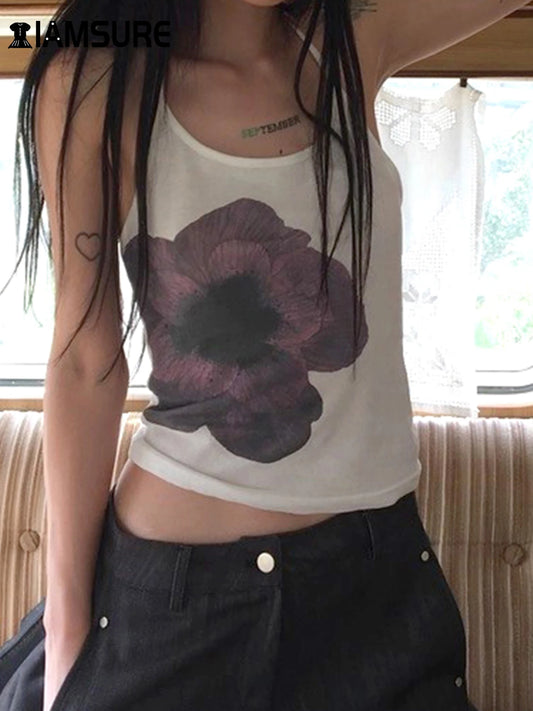 IAMSURE Bunga Kasual Tanpa Belakang Halter Tops Slim Bandage Slash Leher Tanpa Lengan Crop Top Wanita 2024 Fesyen Musim Panas Streetwear Lady