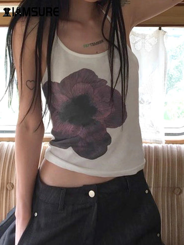 IAMSURE Bunga Kasual Tanpa Belakang Halter Tops Slim Bandage Slash Leher Tanpa Lengan Crop Top Wanita 2024 Fesyen Musim Panas Streetwear Lady