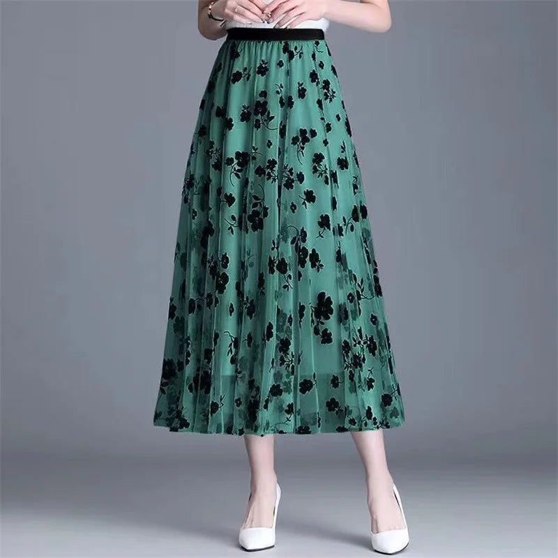 Skirt Bunga Mesh Wanita 2024 Musim Bunga Musim Panas Lace Berbondong-bondong Buaian Besar Elastik Pinggang Tinggi Fesyen Elegan Skirt A-line Skirt separuh
