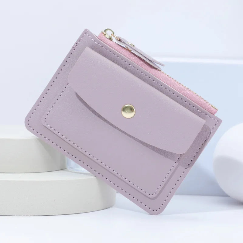 Dompet Kulit Wanita Dompet Ringkas Wanita Zip Mini Pepejal Pemegang Berbilang Kad Syiling Dompet Pendek Dompet Kecil Ramping Pengait Zip