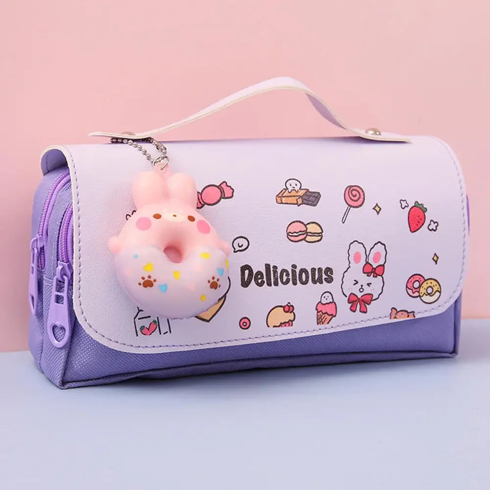 Large Capacity Pencil Case Stress Relieving Kawaii Canvas 3Layer Pen Brushes Pouch Bag Box Gifts Supplies School Stationery