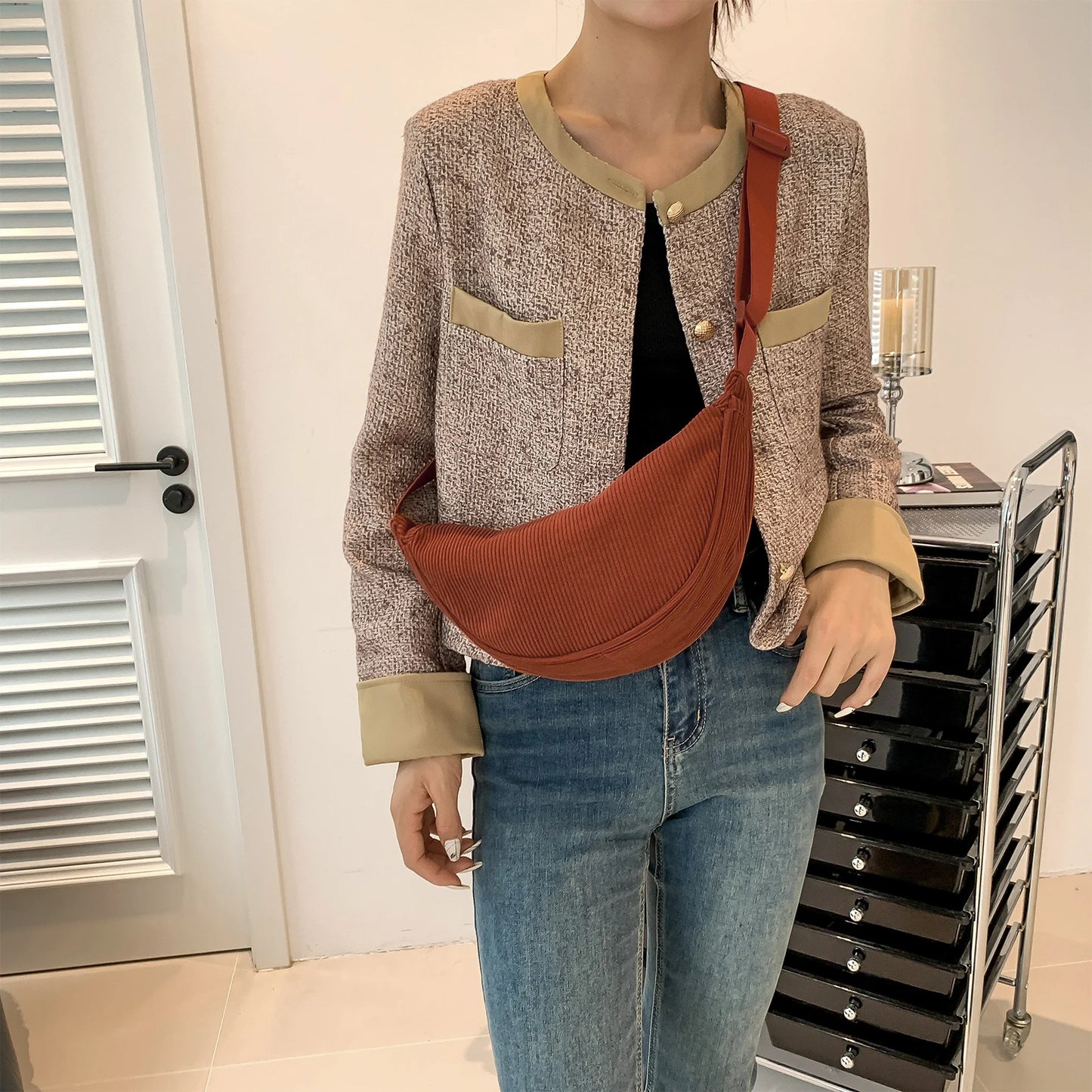 Dumpling Bag Fashion Shoulder Bag Adjustable Strap Corduroy Womens Satchel Bag Solid Color Ladies Sling Bag Casual Commuting Bag