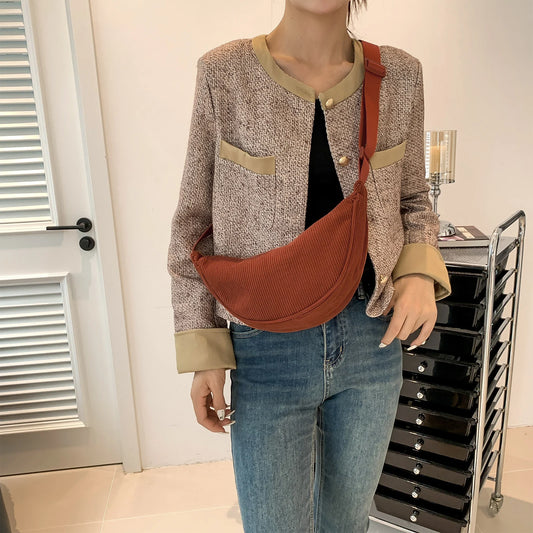 Dumpling Bag Fashion Shoulder Bag Adjustable Strap Corduroy Womens Satchel Bag Solid Color Ladies Sling Bag Casual Commuting Bag