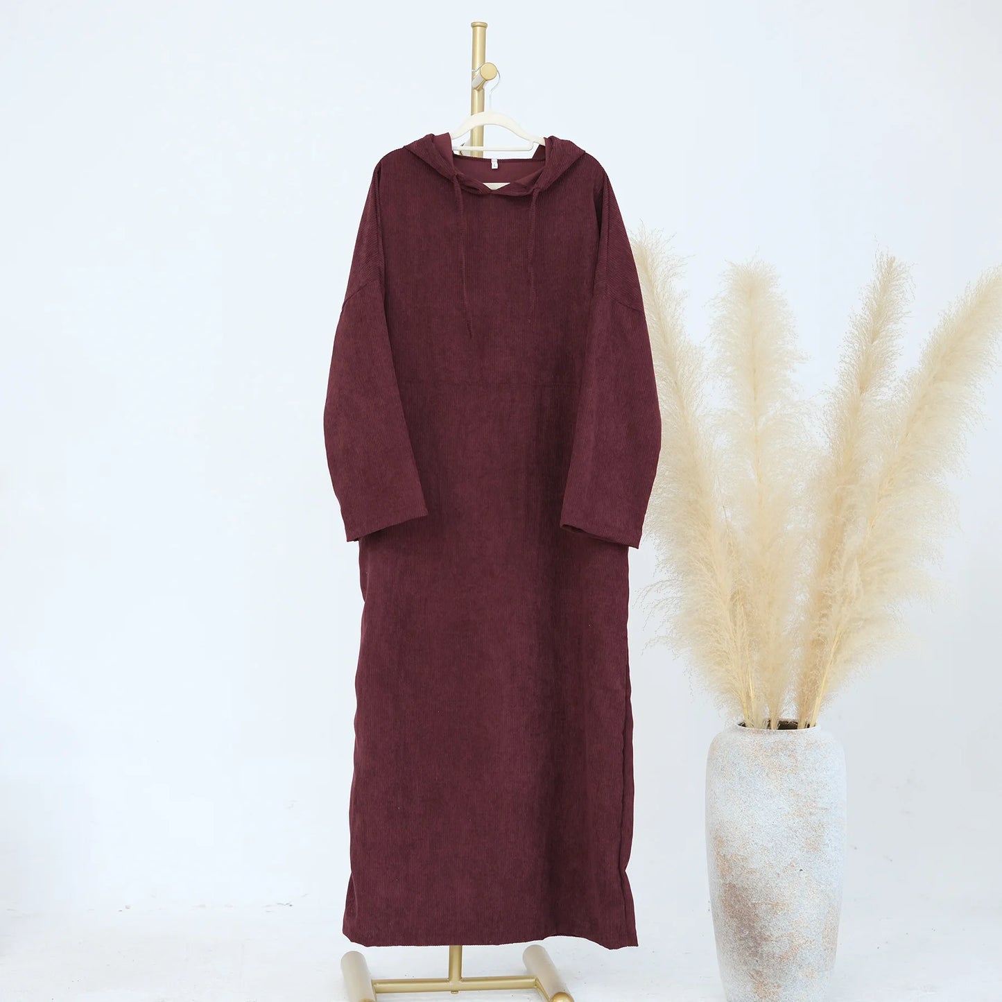 Tali Serut Corduroy Abaya Tertutup Longgar Kasual Musim Sejuk Wanita Muslim Pakaian Solat Pakaian Kaftan Kebaya Turki Gaun Plus Saiz