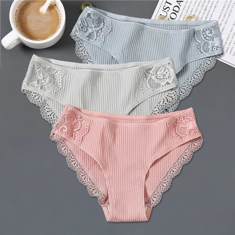 3Pcs/set Women's Cotton Panties M-2XL Women Patchwork Lace Underwear Sexy Low Waist Briefs Ladies Comfortable Underpants 2022