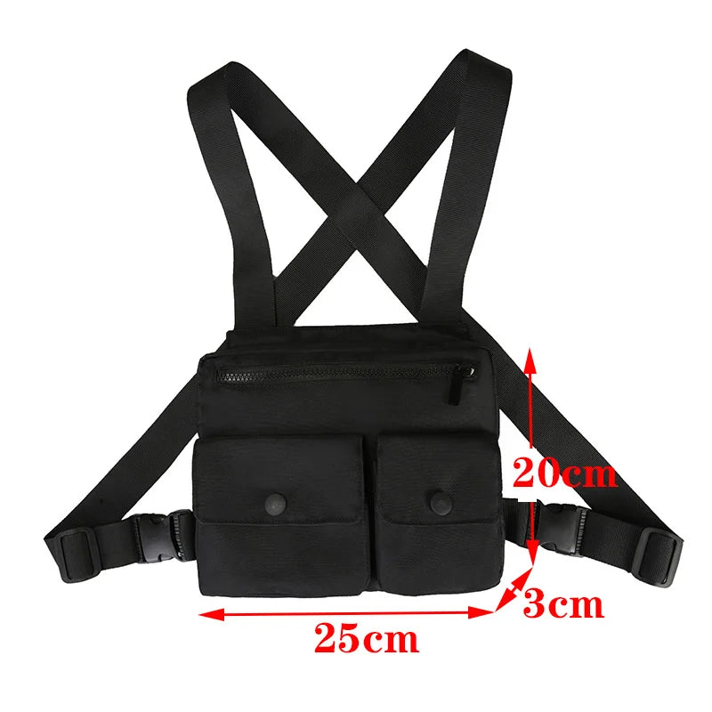Beg Dada Taktikal Berfungsi untuk Lelaki Fesyen Peluru Hip Hop Vest Beg Streetwear Beg Pinggang Uniseks Beg Rig Dada Hitam 899