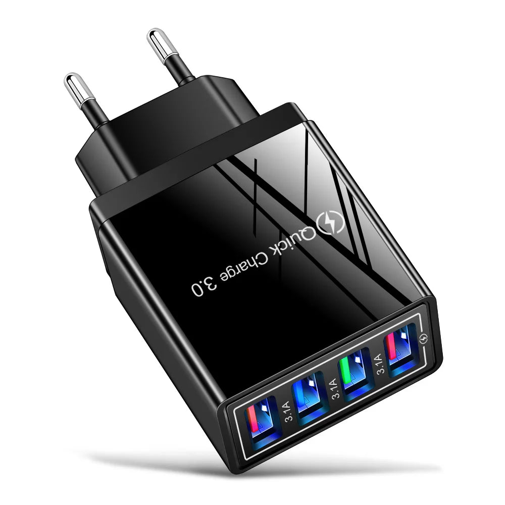 3.1A EU US 4USB Ports AC Perjalanan Rumah Pengecas Dinding Penyesuai Kuasa Untuk IPhone 12 13 14 15 Pro Max Samsung Xiaomi Huawei