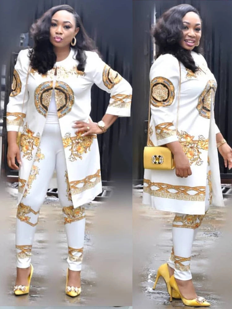 Set Afrika 2 Keping Wanita Cetak Kot Bazin Elastik dan Seluar Panjang Gaya Rock Dashiki Sut Wanita Pejabat Atasan dan Sut 2pcs Legging