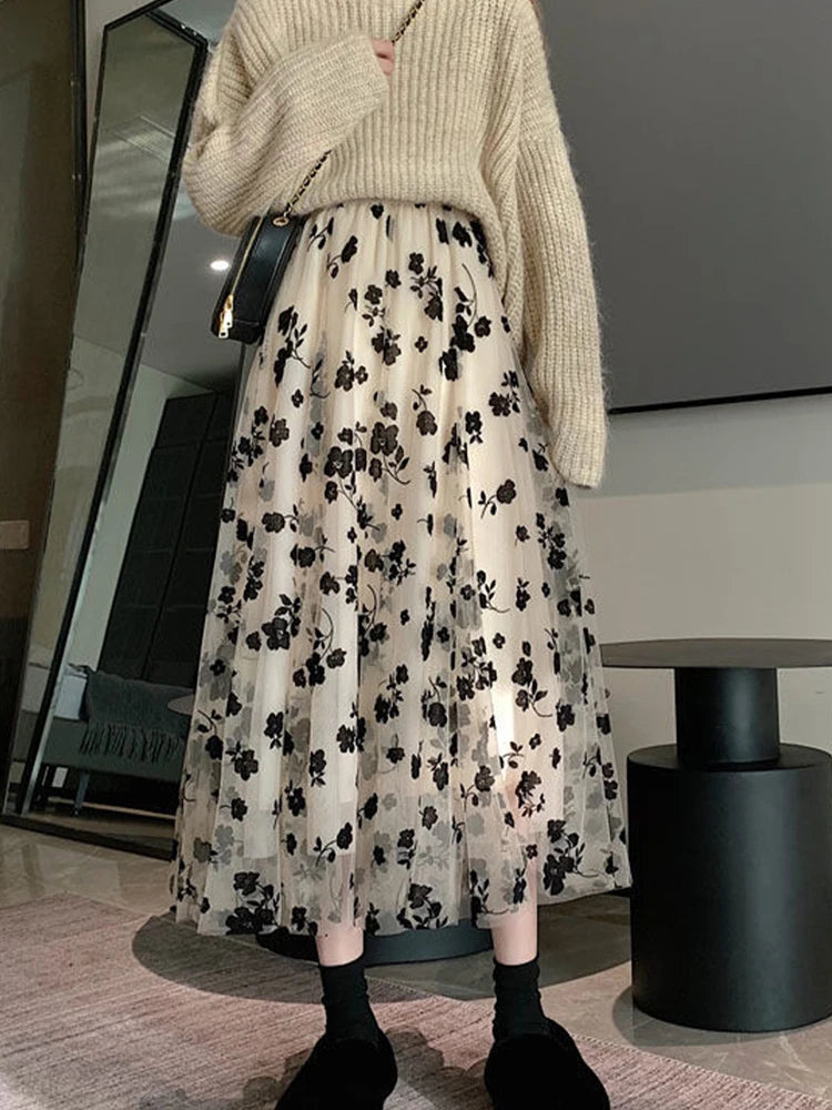 Skirt Bunga Mesh Wanita 2024 Musim Bunga Musim Panas Lace Berbondong-bondong Buaian Besar Elastik Pinggang Tinggi Fesyen Elegan Skirt A-line Skirt separuh