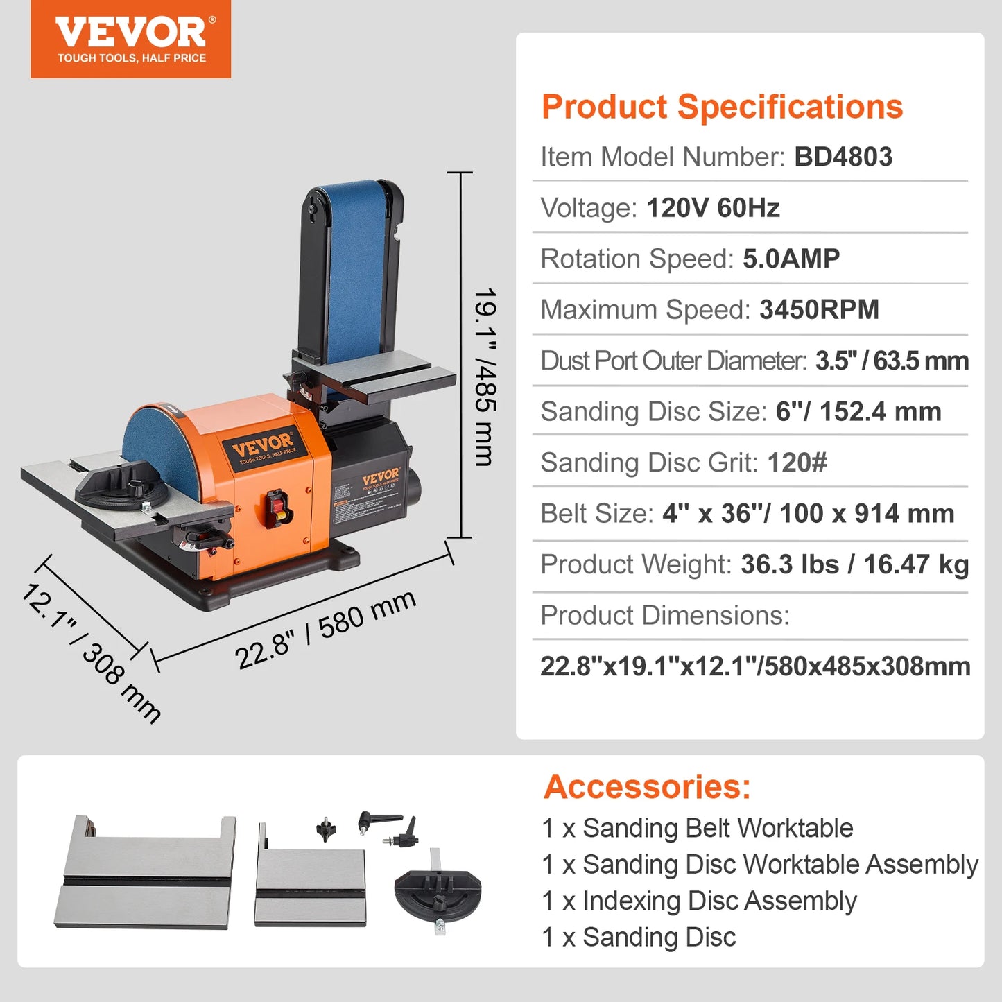 VEVOR Belt Disc Sander Combo with 5A/4.3A/2.5A Induction Motor Belt Sanding Machine Woodworking Deburring Grinder Combo Bench