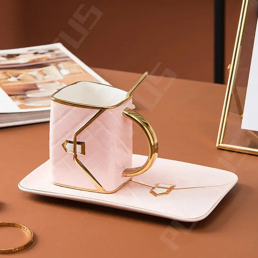 Cawan Kopi Berbentuk Beg Tangan Kreatif Mewah Cawan Air Tote Beg Bentuk Cawan Seramik Set Piring Teh Susu Jus Mug Hadiah Alat Minuman