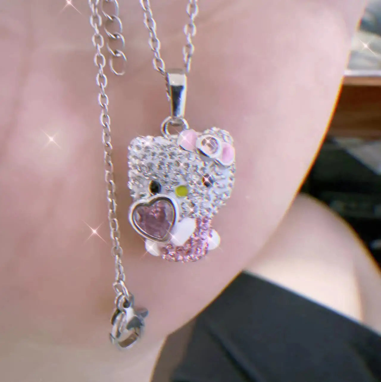 Kalung Hello Kitty Sanrio Watak Anime Pink Peach Heart Crystal Cat Gelang Tolak Tarik Loket Hiasan Pasangan Hadiah Gadis