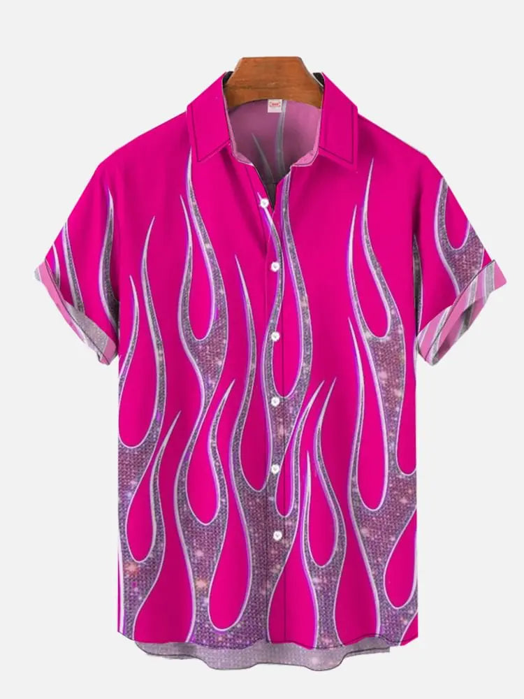 2024 Summer New Black and Gray Burning Flame Printed Short Sleeve Shirt Retro Fashion Street Men's Lapel Button Shirt