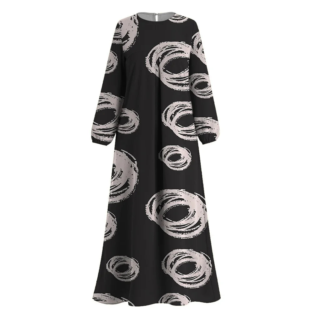 Abaya Muslim Kelabu Muslim Sederhana Cetak Bunga O-leher Lengan Panjang Abaya Pakaian Muslim Femme Dubai Turki Kaftan Islam Jubah