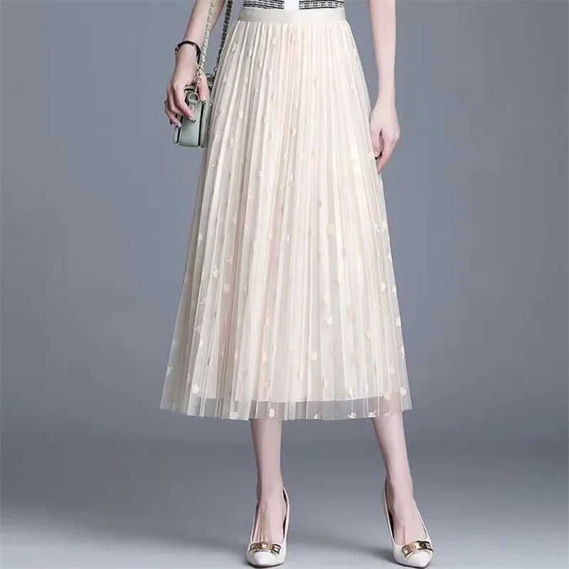 Skirt Bunga Mesh Wanita 2024 Musim Bunga Musim Panas Lace Berbondong-bondong Buaian Besar Elastik Pinggang Tinggi Fesyen Elegan Skirt A-line Skirt separuh