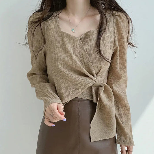 Baju Atasan untuk Wanita Pakaian Sosial Elegan Gaya Korea Baju & Blaus Wanita Musim Bunga Lengan Panjang Putih Bergaya Pakaian Jalanan S Cukup Comel