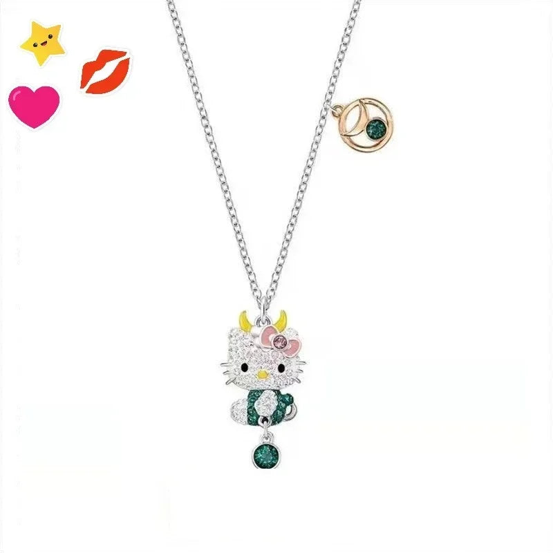 Kalung Hello Kitty Sanrio Watak Anime Pink Peach Heart Crystal Cat Gelang Tolak Tarik Loket Hiasan Pasangan Hadiah Gadis
