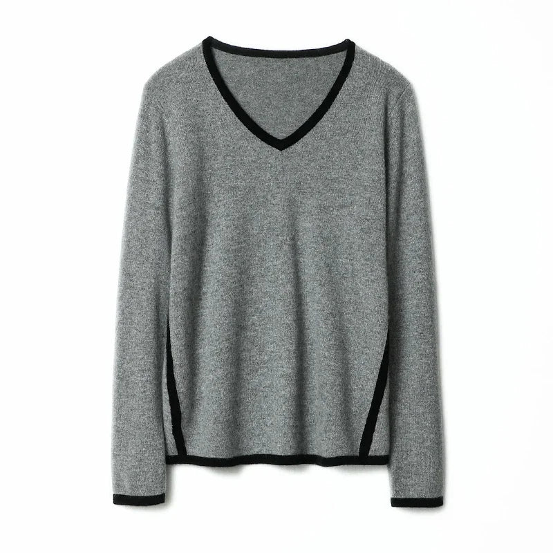 musim luruh gaya baharu 100% kasmir v leher sweater wanita kontras lengan panjang kelembutan pullover rajutan pakaian rajut hangat bergaya wanita