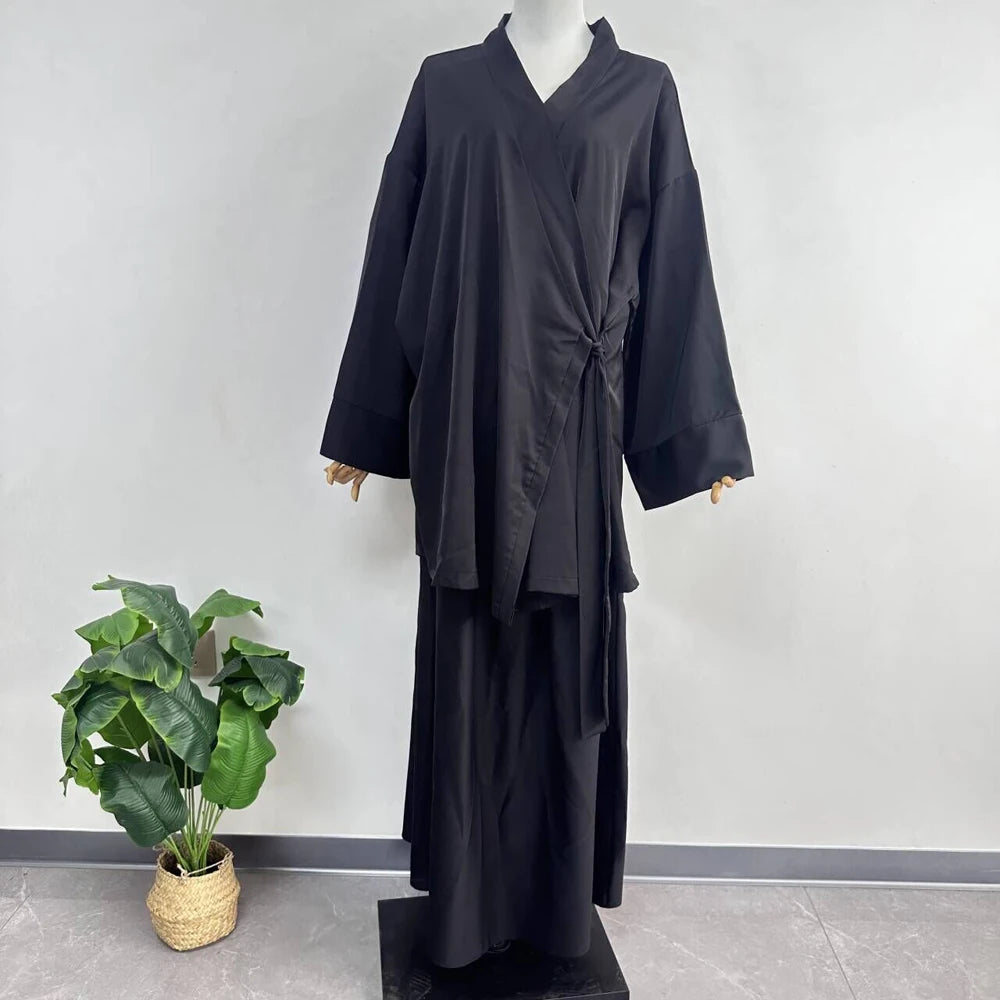 Nida Co Ord Set Kimono dengan Tali Skirt Ramadan Aidilfitri Pakaian Islam 2 Helai Set Wanita Muslimah Pakaian Sederhana Ensembles Musulman