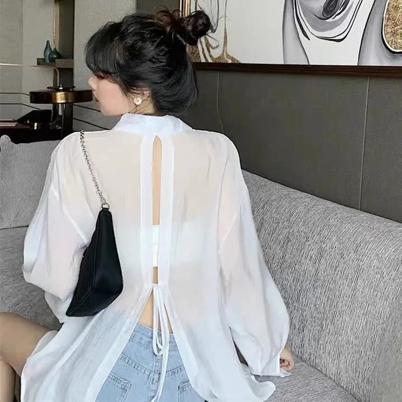 Baju Pelindung Matahari Musim Panas Wanita Elegan Chic Longgar Lace Up Blaus Fesyen Korea Harajuku Lengan Panjang Atasan Nipis Wanita Baru