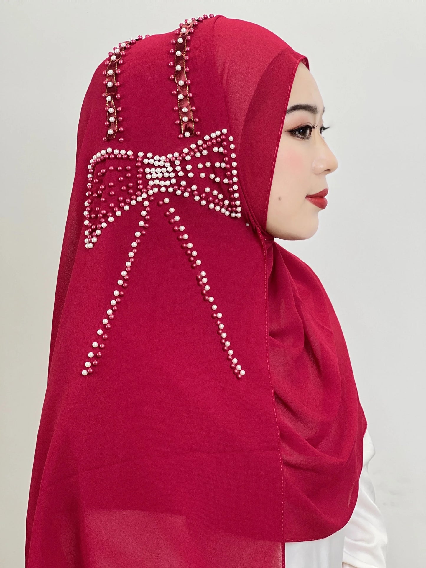 Muslim Big Bow Hijab Beaded Hijab Hantar Hiasan Arab Hijab Wanita Hijab Berkilat Lembut Mudah Dipakai Hijab Turkey Head Wrap Scarf