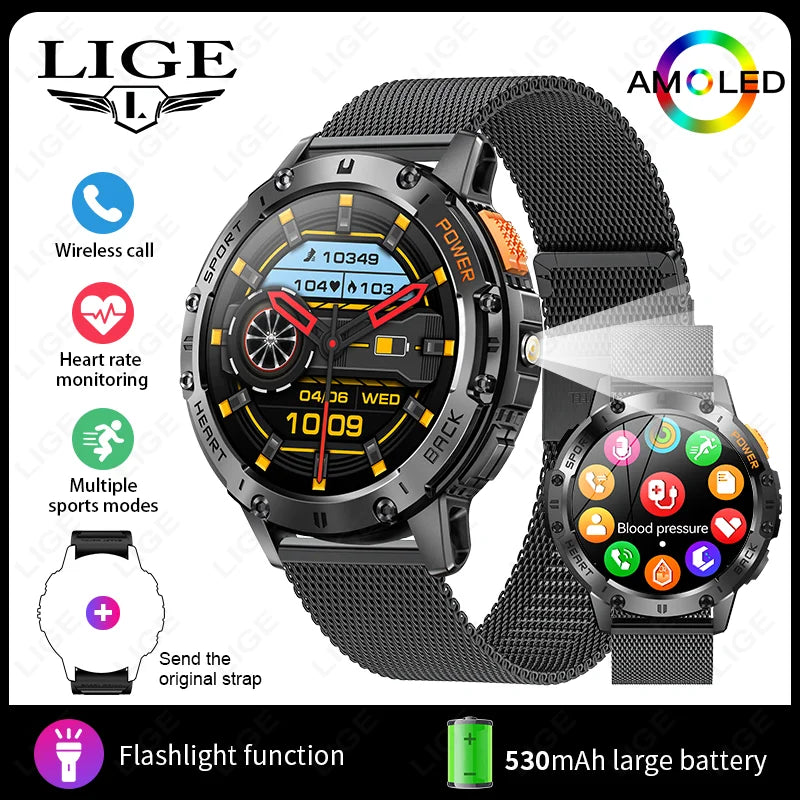 Skrin LIGE AMOLED Jam Tangan Pintar Panggilan Bluetooth Jam Tangan Sukan Luaran Jam Tangan Pintar Lelaki Lampu Suluh Pemantauan Kesihatan Kamera Jauh
