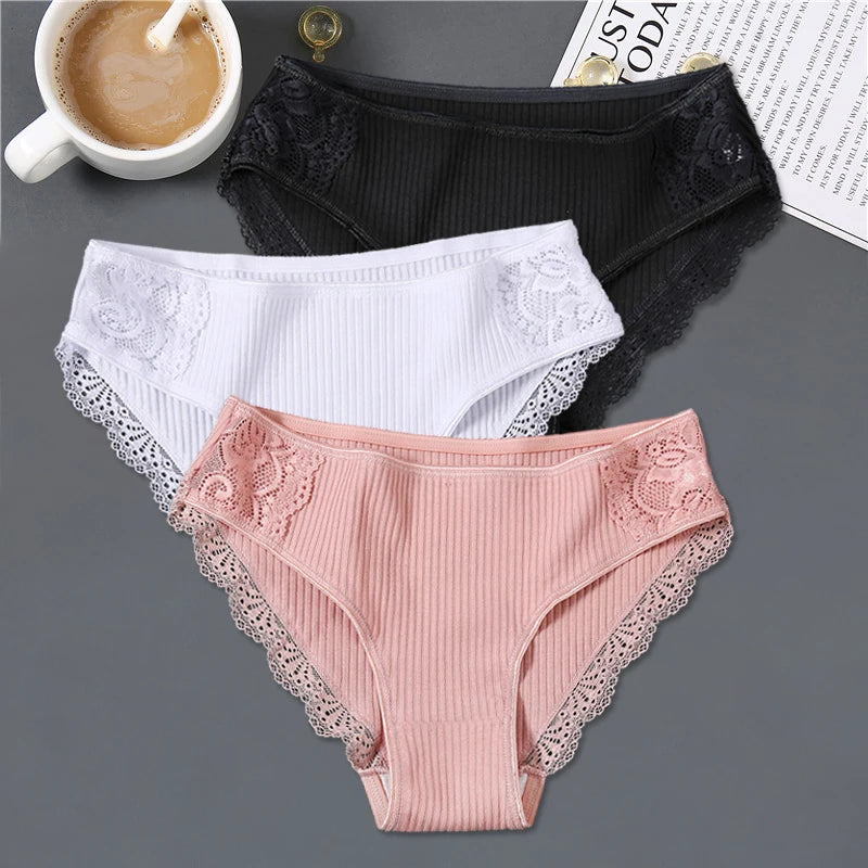 3Pcs/set Women's Cotton Panties M-2XL Women Patchwork Lace Underwear Sexy Low Waist Briefs Ladies Comfortable Underpants 2022