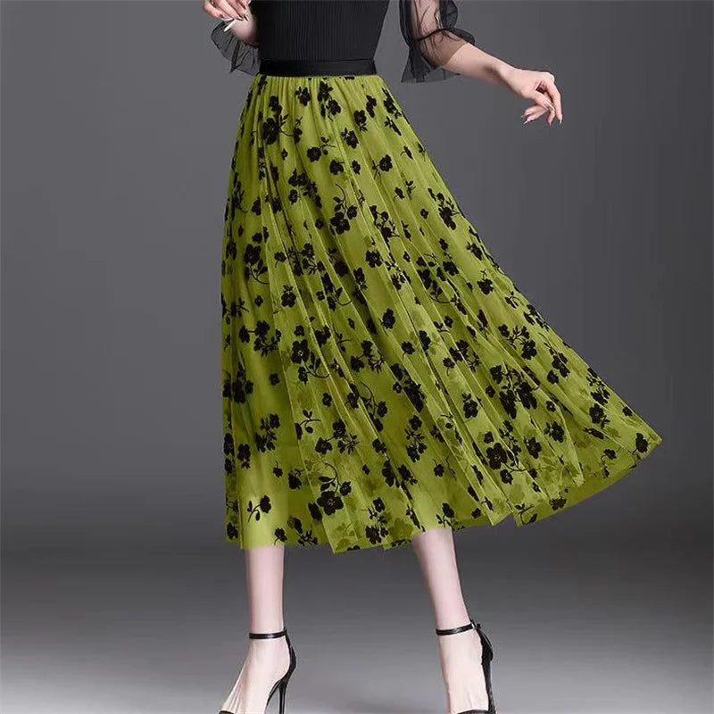 Skirt Bunga Mesh Wanita 2024 Musim Bunga Musim Panas Lace Berbondong-bondong Buaian Besar Elastik Pinggang Tinggi Fesyen Elegan Skirt A-line Skirt separuh