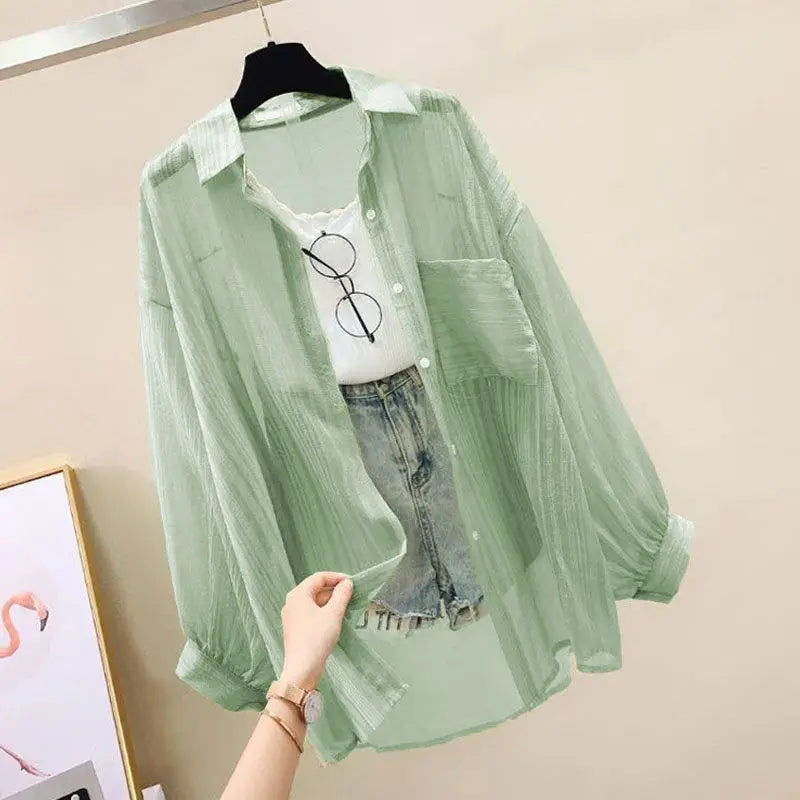 Baju Pelindung Matahari Musim Panas Perspektif Elegan Blaus Chiffon Nipis Harajuku Korea Atasan Longgar Cardigan Kasual Wanita