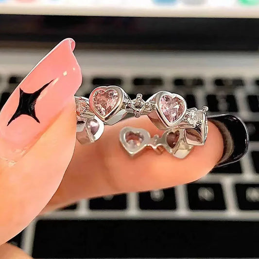 2023 粉晶不规则心形戒指复古锆石蛋白石爱心开口戒指 Y2K 闪亮锆石戒指女士派对珠宝礼物