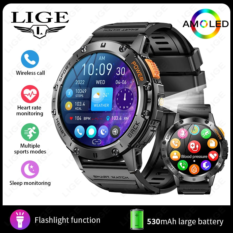 Skrin LIGE AMOLED Jam Tangan Pintar Panggilan Bluetooth Jam Tangan Sukan Luaran Jam Tangan Pintar Lelaki Lampu Suluh Pemantauan Kesihatan Kamera Jauh