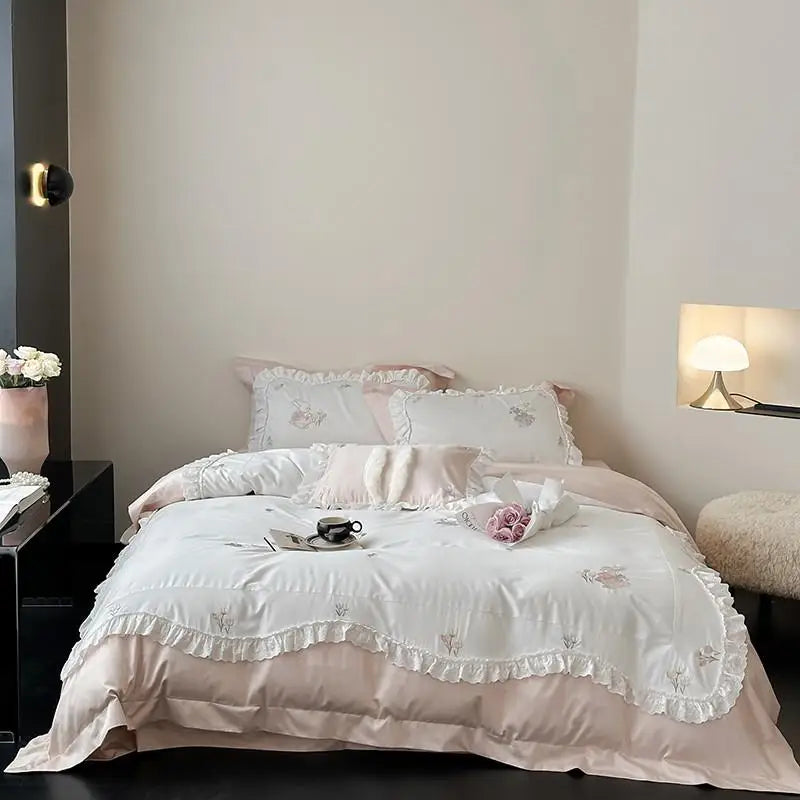 600TC Cotton Blue White Ruffle Dreamy Princess Style Bedding set Cute Rabbit Comfortable Soft Duvet cover Bed Sheet 2Pillowcases