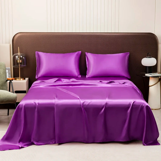 Satin Silk Bed Sheet with Pillowcase Twin/Full/Queen/King Top Sheets Solid Color Flat Bed Sheets Smooth Bed Sheet Sets