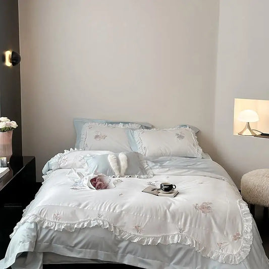 600TC Cotton Blue White Ruffle Dreamy Princess Style Bedding set Cute Rabbit Comfortable Soft Duvet cover Bed Sheet 2Pillowcases