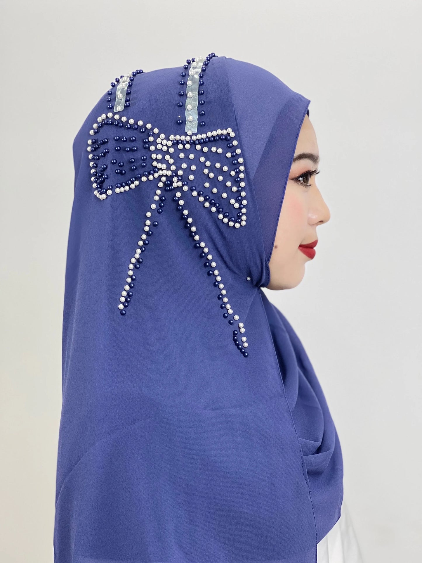 Muslim Big Bow Hijab Beaded Hijab Hantar Hiasan Arab Hijab Wanita Hijab Berkilat Lembut Mudah Dipakai Hijab Turkey Head Wrap Scarf